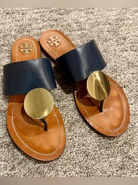 Tory Burch Navy Leather Gold Metal Accent Sandals